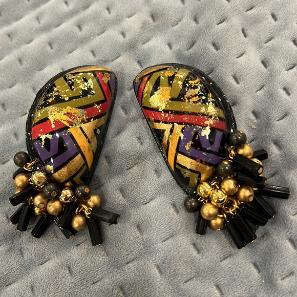 Vintage IKARAMI Hand-painted Tribal Pattern Earrings-Boutique - Picture 3 of 5